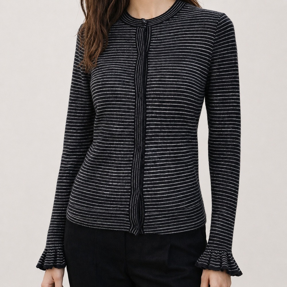Rebecca Taylor Black White Stripe Wool Alpaca Sweater Cardigan SZ Medium Preppy